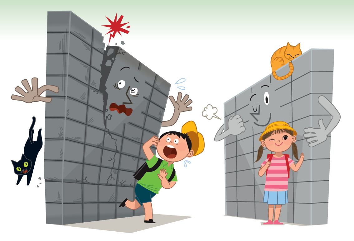 危険なブロック塀と子供のイラスト。一般財団法人 日本建築防災協会が発行している「あなたの周りは大丈夫？　今すぐブロック塀等の点検を！～安全なブロック塀等を目指して～」という啓発パンフレットに使用されているイラスト。